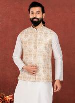 Embroidered Dhupion Silk White Festival Wear Embroidery Work Readymade Men's Waist Coat